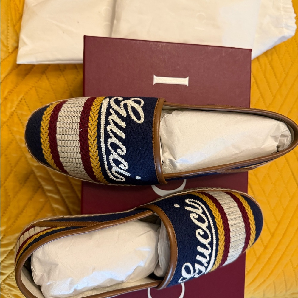 NEW: Gucci Navy, Burgundy & Mustard Embroidered Slip-On Loafers
